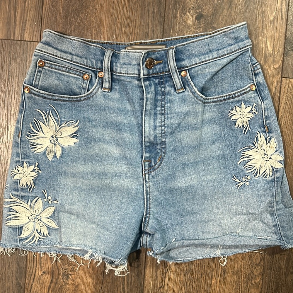 J. Crew Light Blue Denim Jean Shorts with White Floral Embroidery